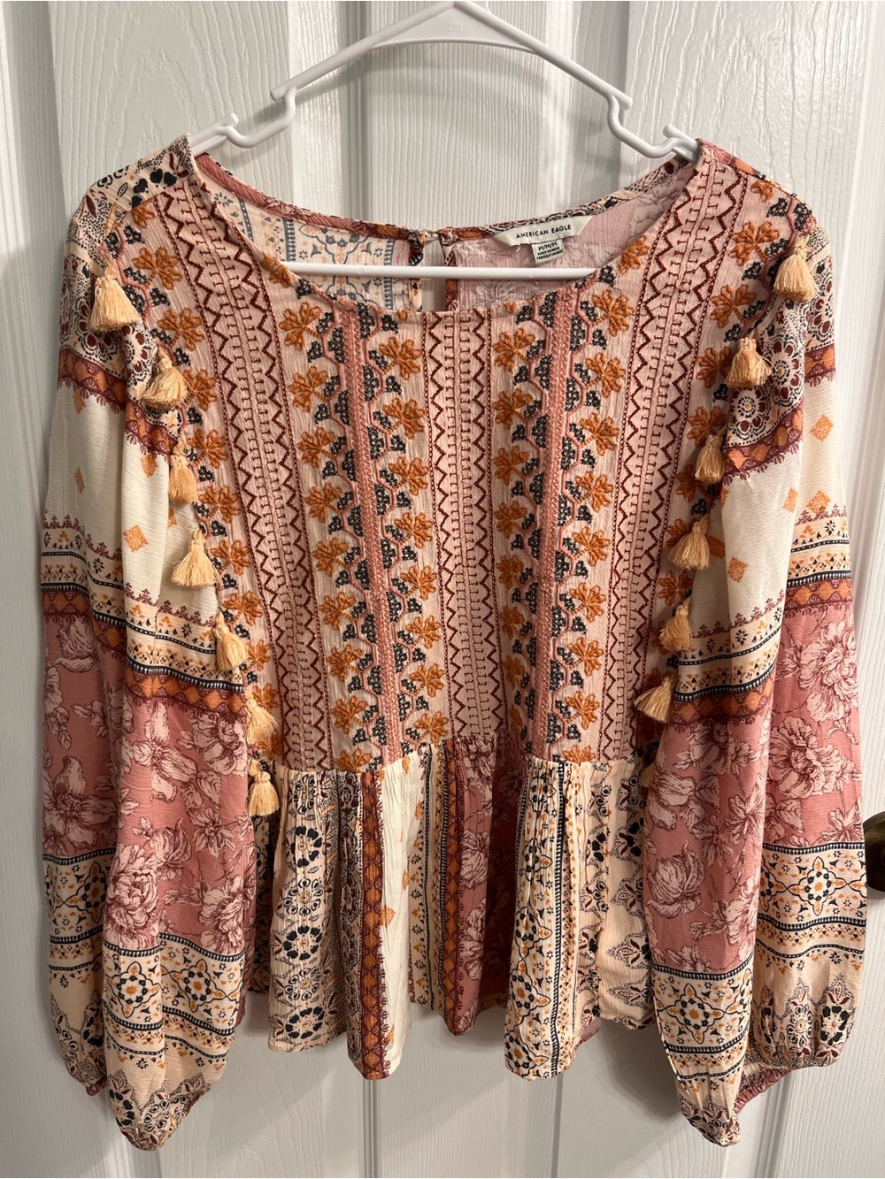 American Eagle Outfitters Pink and Cream Floral Tassel Boho Tunic